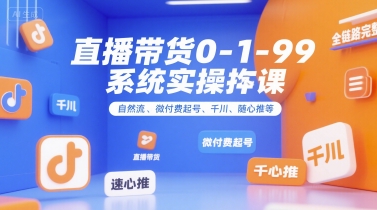 直播带货0~1~99系统实操课，自然流、微付费起号、千川、随心推等，直播带货全链路完整逻辑-青年网赚