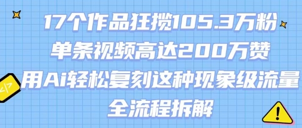 17个作品狂揽105.3W粉，单条视频高达200W赞，用Ai轻松复刻这种现象级流量!(全流程拆解)-青年网赚