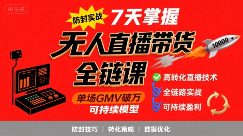 无人直播带货全链防封实战课，7天掌握高转化直播技术，实现单场GMV破万可持续模型-青年网赚